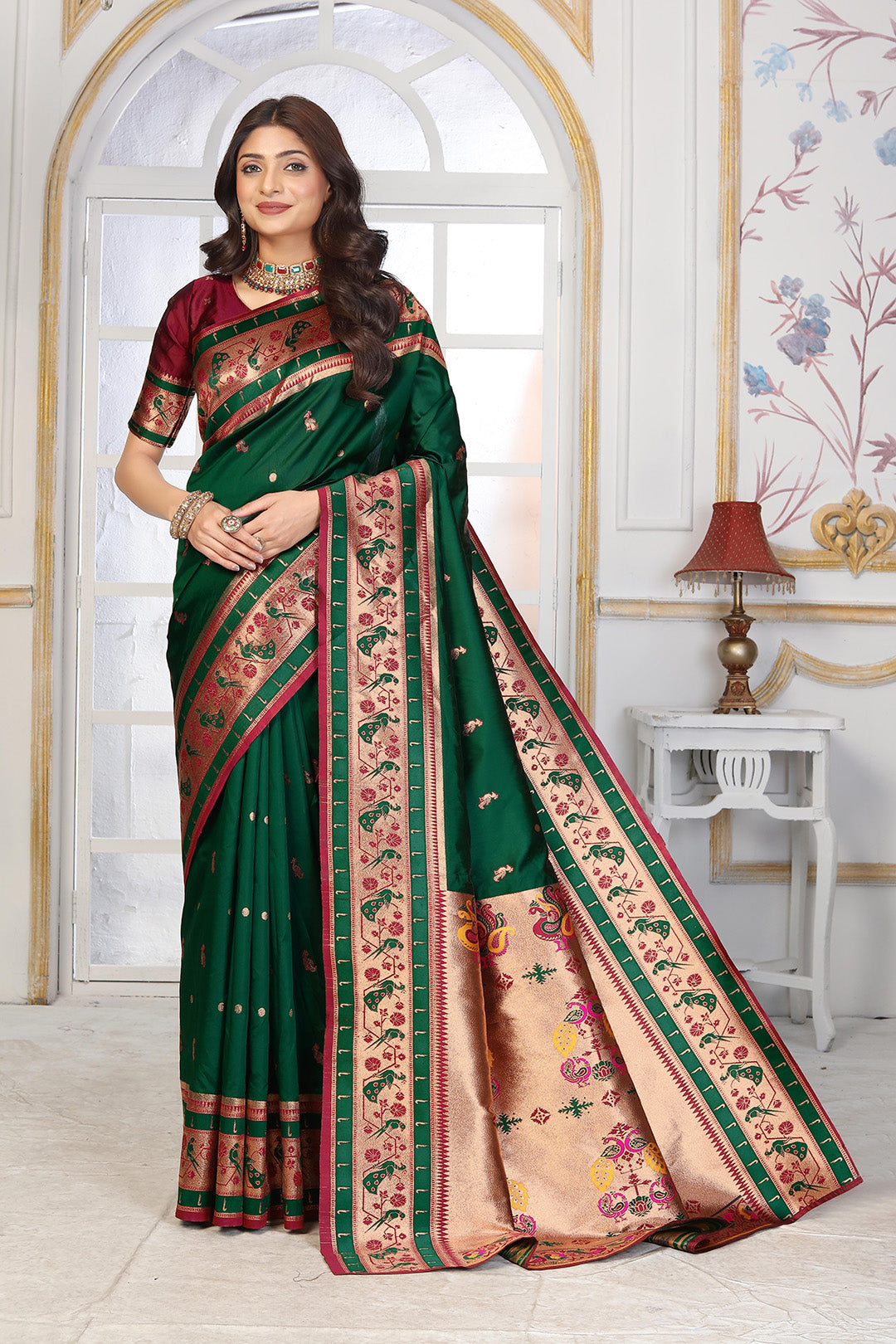 Traditional Bottle Green Paithani Silk Saree with Rich Gold Zari and Contrast Maroon Blouse