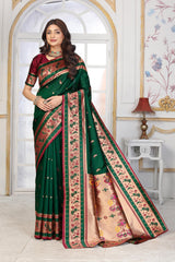 Traditional Bottle Green Paithani Silk Saree with Rich Gold Zari and Contrast Maroon Blouse