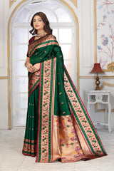 Traditional Bottle Green Paithani Silk Saree with Rich Gold Zari and Contrast Maroon Blouse