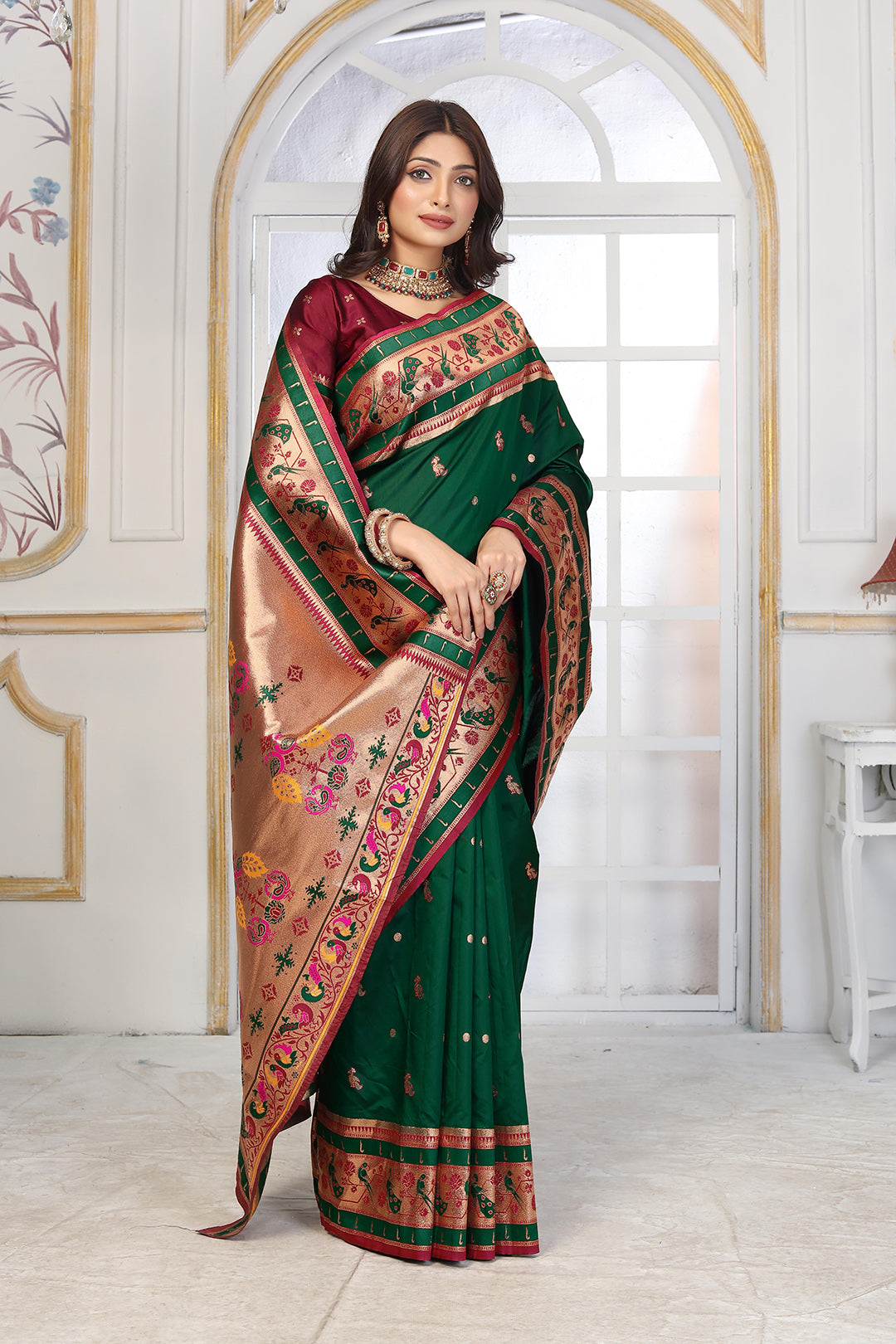 Traditional Bottle Green Paithani Silk Saree with Rich Gold Zari and Contrast Maroon Blouse