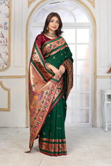 Traditional Bottle Green Paithani Silk Saree with Rich Gold Zari and Contrast Maroon Blouse