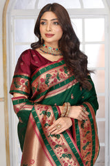 Traditional Bottle Green Paithani Silk Saree with Rich Gold Zari and Contrast Maroon Blouse
