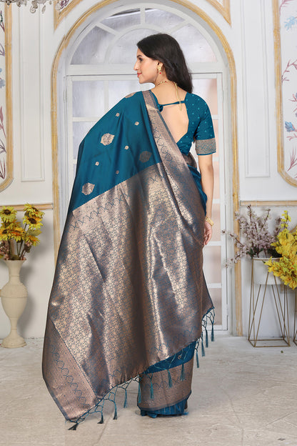 Teal Blue Jacquard Silk Saree with Antique Silver Zari and Minimalist Butta Work