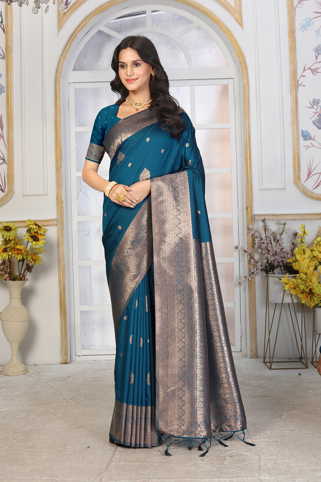 Teal Blue Jacquard Silk Saree with Antique Silver Zari and Minimalist Butta Work