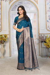 Teal Blue Jacquard Silk Saree with Antique Silver Zari and Minimalist Butta Work