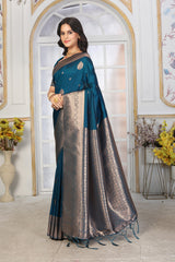 Teal Blue Jacquard Silk Saree with Antique Silver Zari and Minimalist Butta Work
