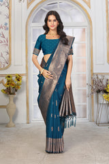 Teal Blue Jacquard Silk Saree with Antique Silver Zari and Minimalist Butta Work