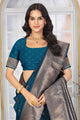 Teal Blue Jacquard Silk Saree with Antique Silver Zari and Minimalist Butta Work
