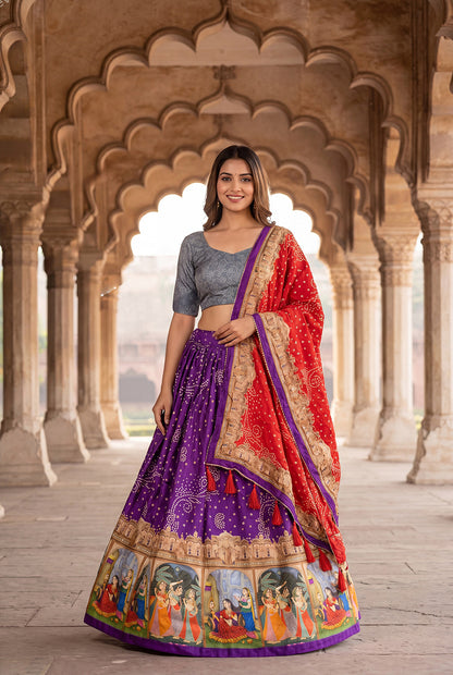 Royal Purple Dola Silk Digital Print Lehenga Choli with Designer Bandhani Dupatta