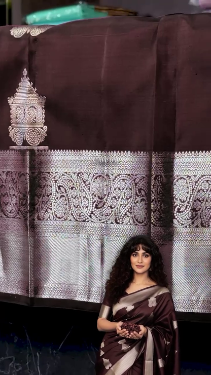 Elegant Chocolate Brown Banarasi Soft Silk Saree with Silver Zari Weaving