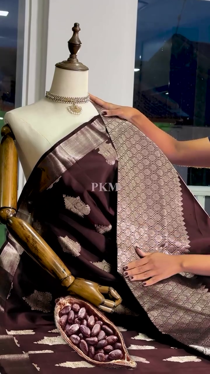 Elegant Chocolate Brown Banarasi Soft Silk Saree with Silver Zari Weaving