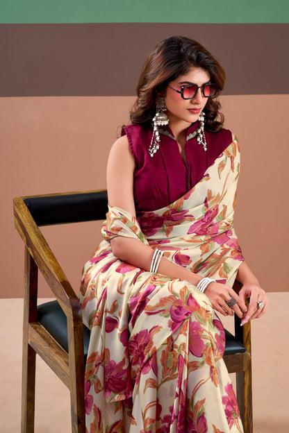Premium Satin Silk Floral Printed Saree with Stitched Natural Silk Blouse | Elegant Party Wear (4 Colors)