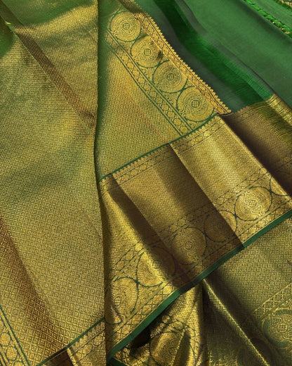 Green Kanjivaram Style Soft Silk Saree with All-Over Golden Zari Floral Weaving & Rich Zari Border