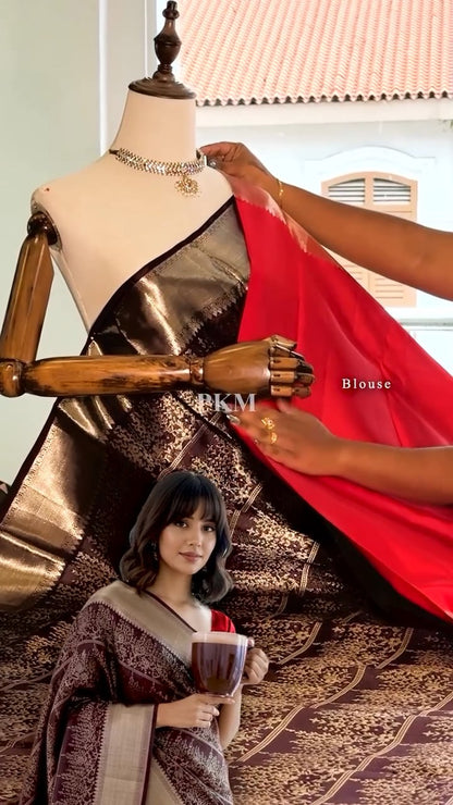 legant Espresso Brown Banarasi Soft Silk Saree with Silver Zari Weaving & Red Contrast Blouse