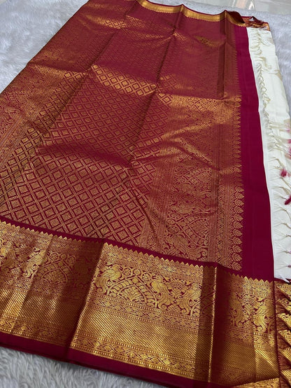 Off White Banarasi Soft Silk Saree with Rich Maroon Zari Border & Contrast Pallu | Traditional Wedding Wear | Unstitched Blouse