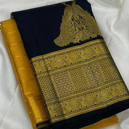 Mustard Yellow Banarasi Soft Silk Saree with Navy Blue Rich Zari Border | Traditional Wedding & Festive Wear
