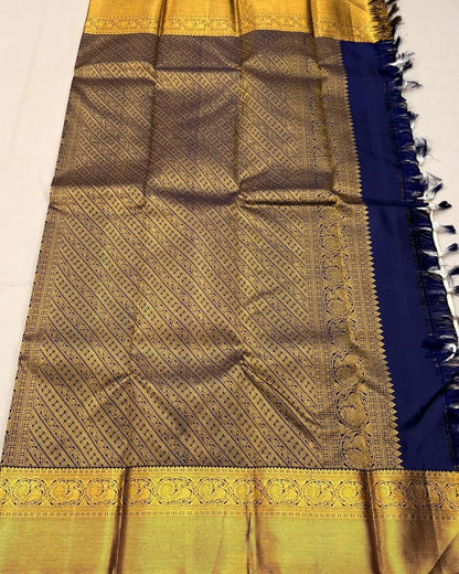 Cream Banarasi Soft Silk Saree with Navy Blue Contrast Border & Rich Zari Pallu | Traditional Wedding Wear | Unstitched Blouse