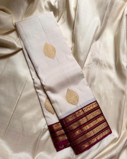 White Soft Silk Saree with Purple Zari Border | Traditional Banarasi Style Festive Wear