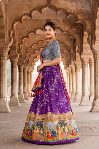 Royal Purple Dola Silk Digital Print Lehenga Choli with Designer Bandhani Dupatta