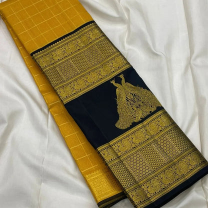 Mustard Yellow Banarasi Soft Silk Saree with Navy Blue Rich Zari Border | Traditional Wedding & Festive Wear
