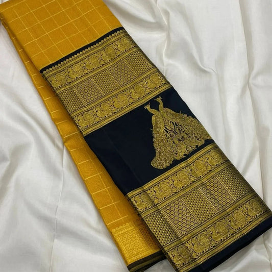 Mustard Yellow Banarasi Soft Silk Saree with Navy Blue Rich Zari Border | Traditional Wedding & Festive Wear