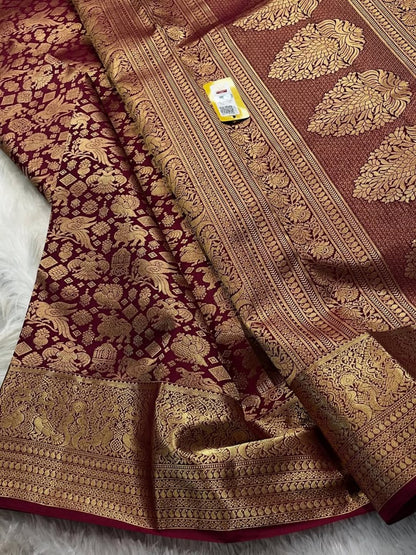 Maroon Banarasi Soft Silk Saree with Rich Golden Zari Weaving | Traditional Wedding & Festive Wear