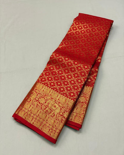 Royal Red Kanjivaram Soft Silk Saree with Rich Gold Zari Weaving
