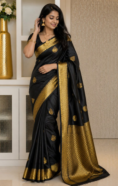 Black Banarasi Soft Silk Saree with Rich Golden Zari Border | Traditional Wedding & Festive Wear