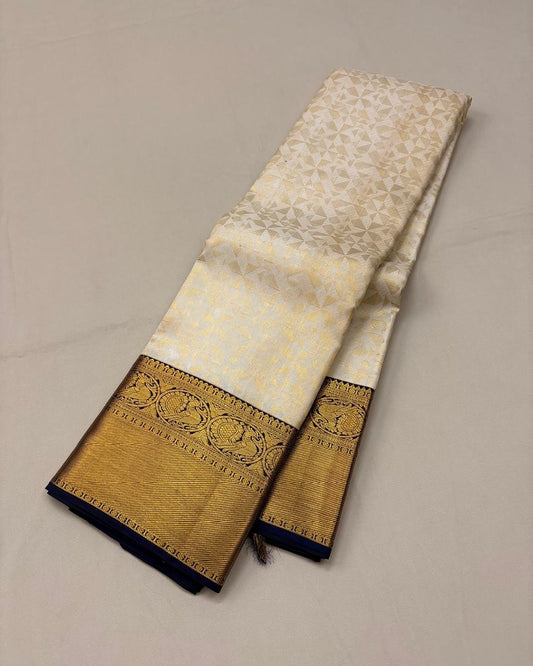 Cream Banarasi Soft Silk Saree with Navy Blue Contrast Border & Rich Zari Pallu | Traditional Wedding Wear | Unstitched Blouse