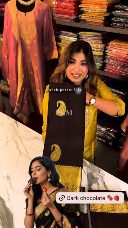 Dark Chocolate Banarasi Soft Silk Saree with Rich Golden Zari Border | Traditional Wedding & Festive Wear