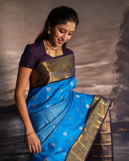 Sky Blue Kanjivaram Silk Saree with Rich Gold Zari Border