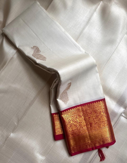Off White Banarasi Soft Silk Saree with Rich Maroon Zari Border & Contrast Pallu | Traditional Wedding Wear | Unstitched Blouse