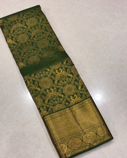 Green Kanjivaram Style Soft Silk Saree with All-Over Golden Zari Floral Weaving & Rich Zari Border