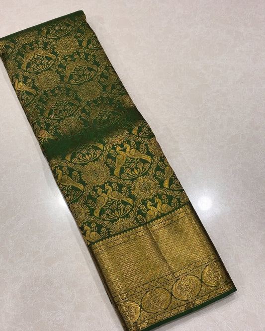 Green Kanjivaram Style Soft Silk Saree with All-Over Golden Zari Floral Weaving & Rich Zari Border