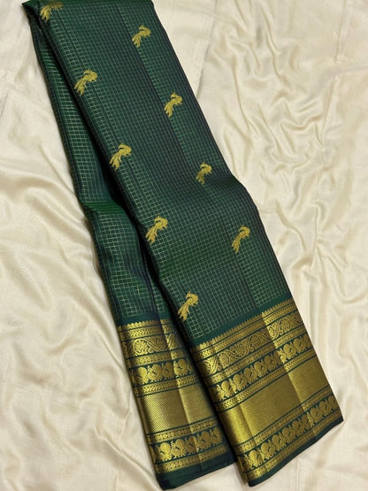 Bottle Green Banarasi Soft Silk Saree with Rich Golden Zari Border | Traditional Wedding & Festive Wear