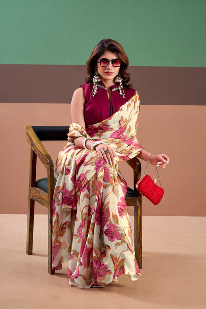 Premium Satin Silk Floral Printed Saree with Stitched Natural Silk Blouse | Elegant Party Wear (4 Colors)