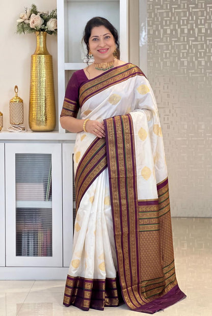 White Soft Silk Saree with Purple Zari Border | Traditional Banarasi Style Festive Wear