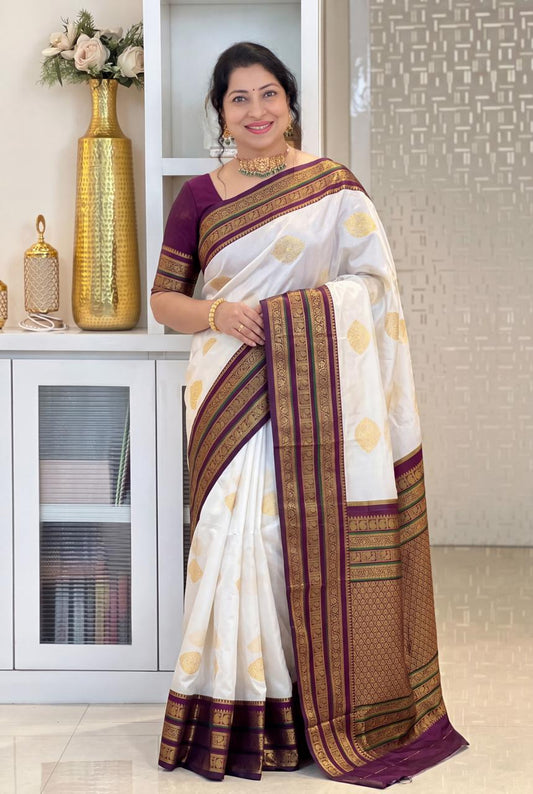 White Soft Silk Saree with Purple Zari Border | Traditional Banarasi Style Festive Wear