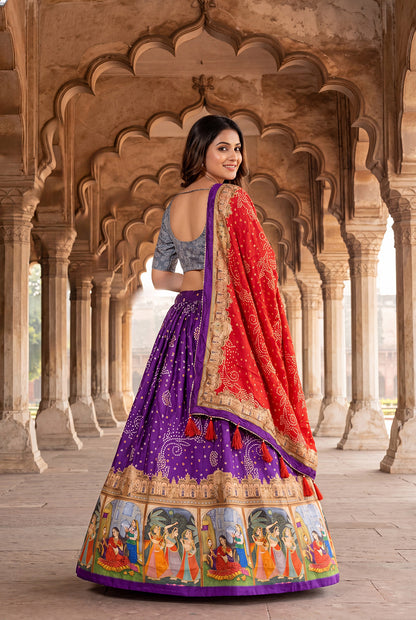 Royal Purple Dola Silk Digital Print Lehenga Choli with Designer Bandhani Dupatta