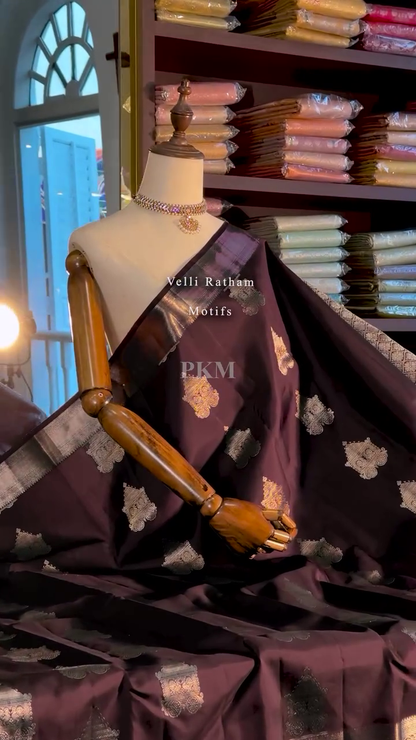 Elegant Chocolate Brown Banarasi Soft Silk Saree with Silver Zari Weaving