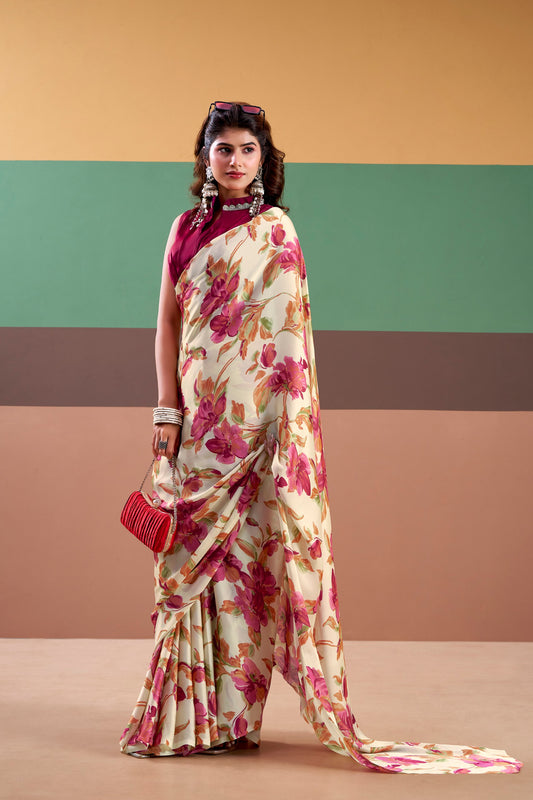 Premium Satin Silk Floral Printed Saree with Stitched Natural Silk Blouse | Elegant Party Wear (4 Colors)