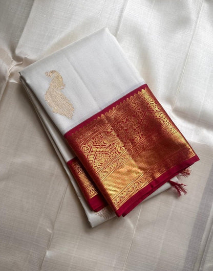 Off White Banarasi Soft Silk Saree with Rich Maroon Zari Border & Contrast Pallu | Traditional Wedding Wear | Unstitched Blouse