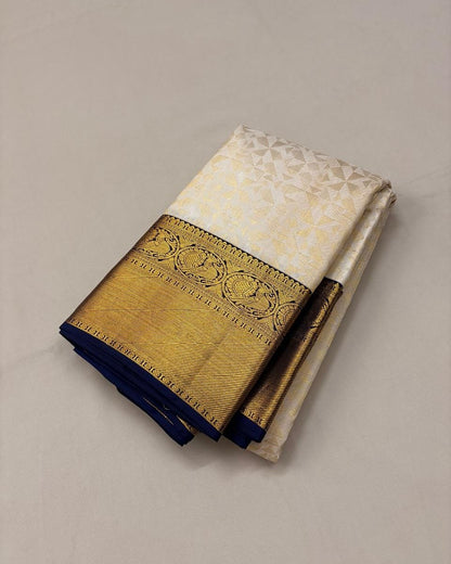 Cream Banarasi Soft Silk Saree with Navy Blue Contrast Border & Rich Zari Pallu | Traditional Wedding Wear | Unstitched Blouse