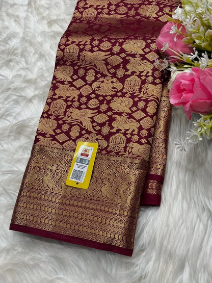 Maroon Banarasi Soft Silk Saree with Rich Golden Zari Weaving | Traditional Wedding & Festive Wear