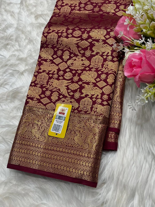 Maroon Banarasi Soft Silk Saree with Rich Golden Zari Weaving | Traditional Wedding & Festive Wear
