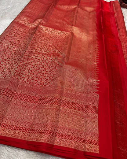 Banarasi Soft Silk Saree with Rich Gold Zari Weaving & Grand Pallu | Traditional Wedding Wear | Unstitched Blouse