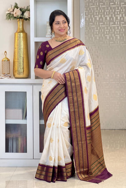 White Soft Silk Saree with Purple Zari Border | Traditional Banarasi Style Festive Wear