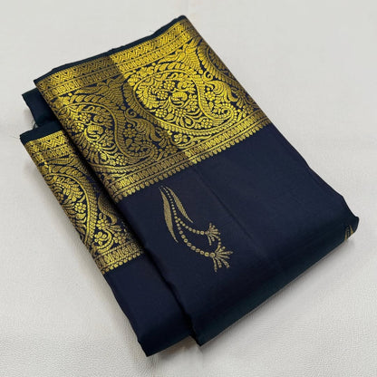 Banarasi Soft Silk Saree with Rich Golden Zari Border | Wedding & Festive Wear (Red & Navy Blue)
