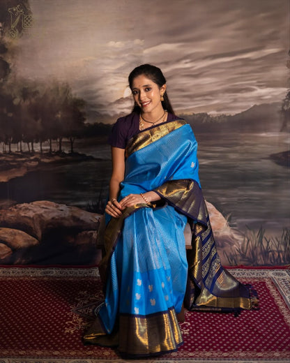 Sky Blue Kanjivaram Silk Saree with Rich Gold Zari Border