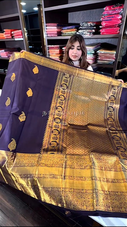 Navy Blue Banarasi Soft Silk Saree with Rich Golden Zari Border | Traditional Wedding & Festive Wear